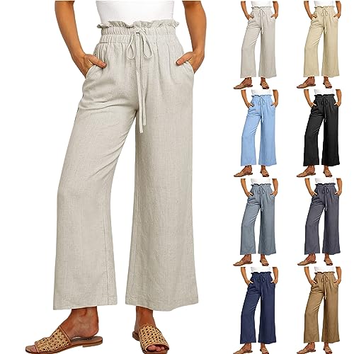 Summer Linen Pant for Women Wide Leg Palazzo Pants Casual Loose Ruffle Waist Capri Drawstring Beach Trousers4