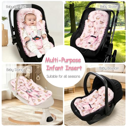 Image of Infant Car Seat Insert with 3 Strap Covers, Soft Car Seat Head Support for Baby Girls, Plush Fabric Newborn Insert for carseat, Strollers, Swings, Bouncer, Flower Goose