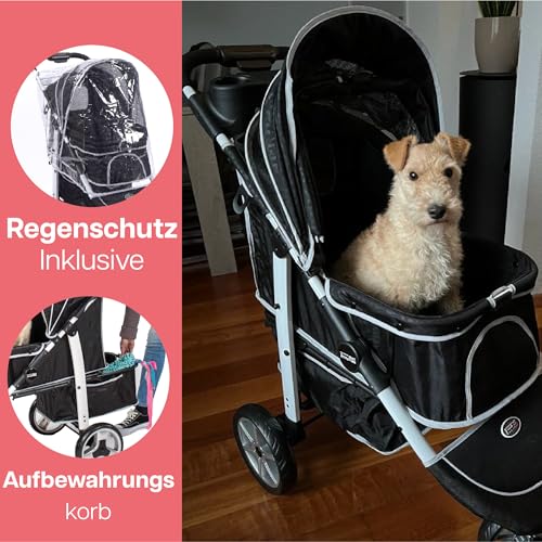 Katzenbuggy, Hundewagen mit Regenschutz, einhändig klappbar – Innopet Hundebuggy Monaco schwarz mit Klickverschluss – herausnehmbarer Korb unten – 360° schwenkbares Vorderrad - Hundewagen