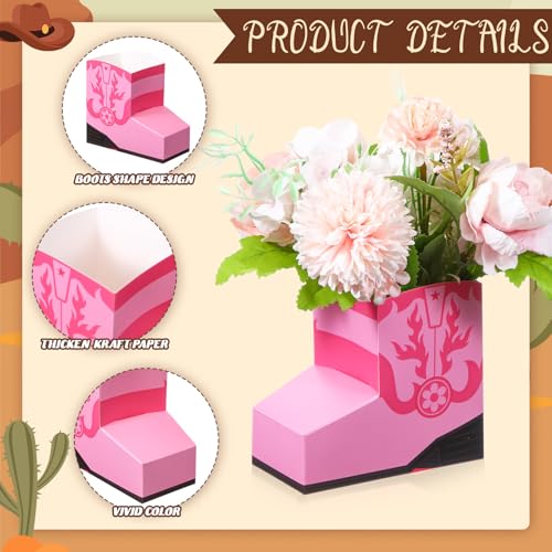 Image of Fullhawl 24 Pcs Cowboy Boots Paper Boxes Western Theme Party Decorations Favors Wild West Popcorn Boxes Boot Shape Bag for Cowboy Birthday Bachelorette Baby Shower Party Supplies(Pink)