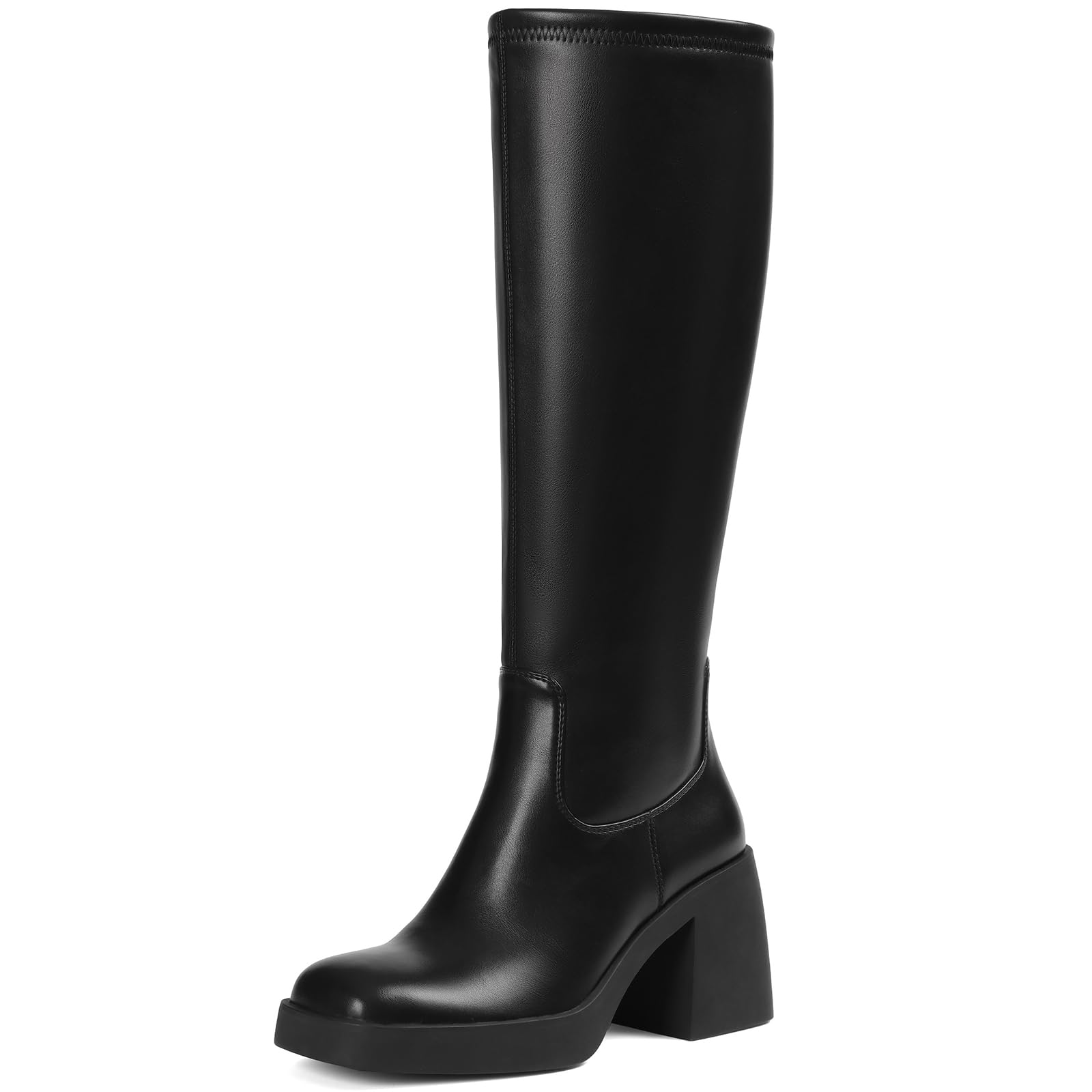 Tscoyuki Black Boots Knee High Suede Fall Boots - Chunky Platform Heel Tall Boots for Women Square Toe