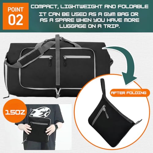 Travel Bag Gym Bag Folding Boston Bag Duffel Bag Carry On Large Capacity 65L Waterproof With Shoe Bag No Logo (Black, 24.8inch×11.4inch×13.8inch)3