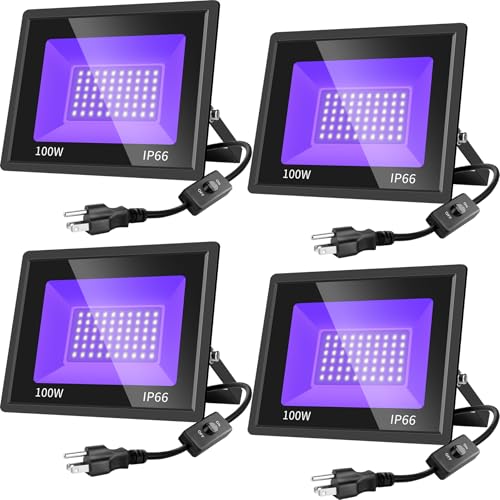 Gopretty 4 Pack 100W LED Black Lights, Blacklight Flood Light with Plug & Switch, IP66 Outdoor Waterproof Blacklight for Halloween Party, Stage Light, Body Paint, Neon Glow 110V~265V AC