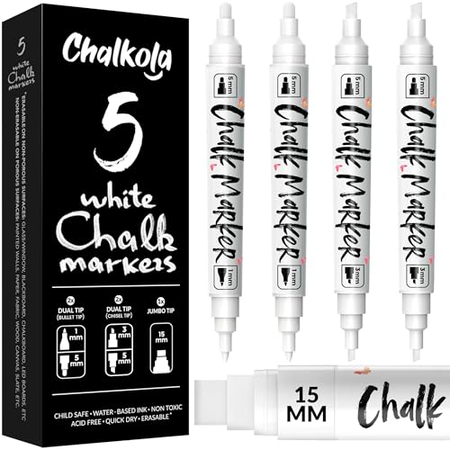 Chalkola 5 White Chalk Markers - Dual tip Fine & Jumbo Tip (1mm 3mm 5mm 15mm) | Erasable Liquid Chalk Pens for Blackboard Chalkboard Signs Car Window Bistro Glass | Washable Chalkboard Markers