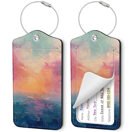 2 Pack Luggage Tags for Suitcases, Cute PU Leather Name Tags with Privacy Cover & Stainless Steel...