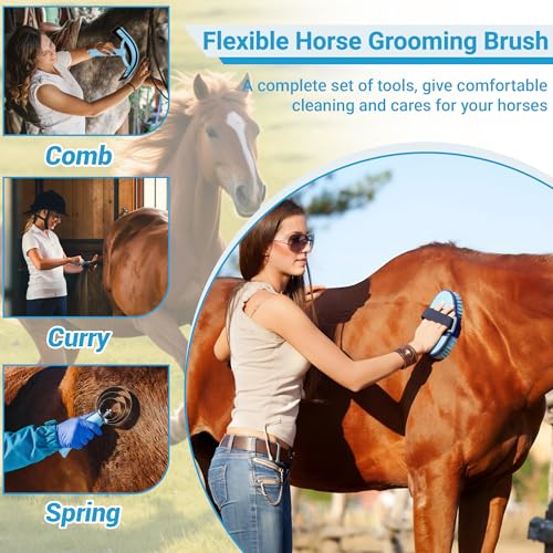 Horse Grooming Kit, 14-in-1 Professional Horse Brush Supplies Set for Grooming & Care, with Horse Brushes, Curry Comb, Hoof Pick & Waterproof Storage Tote Bag for Shining, Detangling, Massaging(Blue) - Image 5