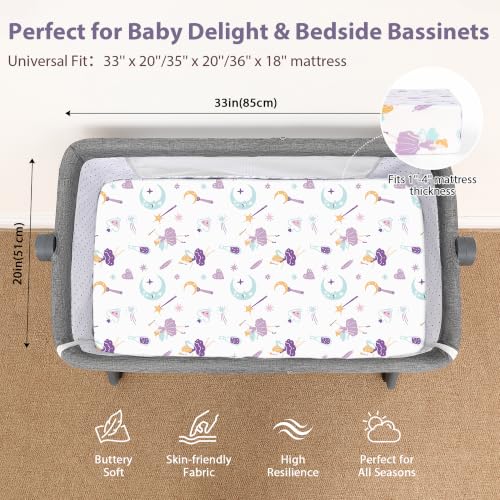 Image of Baby Bedside Bassinet Sheets Fitted, 33 inchx20 inch Compatible with Baby Delight Dream On Me & Most Rectangle Bedside Sleeper Bassinet Mattresses, Super Soft Microfiber Purple Magic Fairy