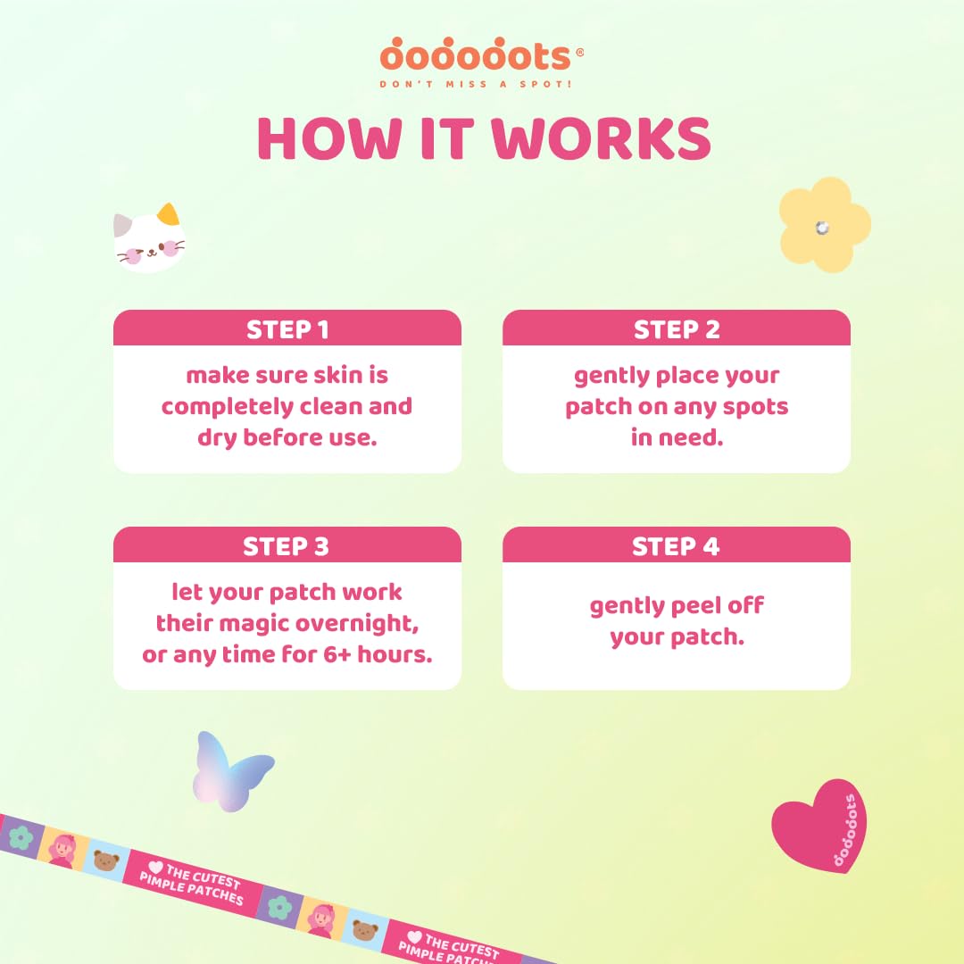 Dododots Pimple Patches for face - Cute Acne Hydrocolloid Patch, Pimple Patches for Zit, Spot and Blemish Treatment, Bundles (Butterfly, Cat, Flower and Heart)