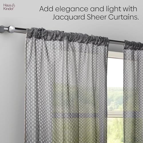 Image of haus & kinder Jacquard Sheer Door Curtains 7 Feet Long Pack of 2 Door Curtains, 7 Feet Curtains for Door, (Abstract Geometric Design, Silver Ripple Ice Blue, 114x213cm)