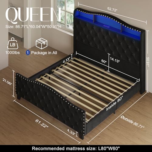 Image of Belffin Queen Size Bed Frame and Headboard, 50.9 inch Velvet Upholstered Wingback Bedframe with LED Lights & Storage /Charging Station, Button Tufted Tall Footboard, No Box Spring Needed, Noise-Free, Black