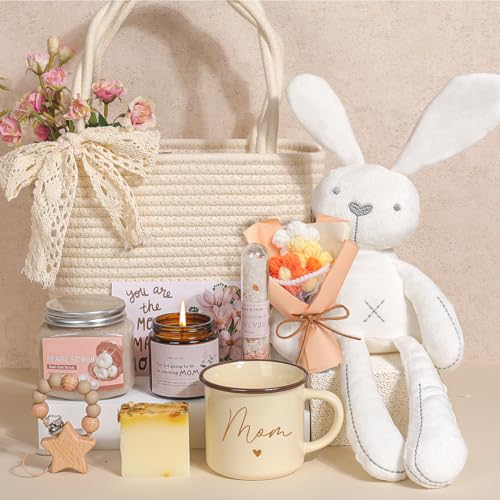 New Mom Gift Basket | New Mom Care Package with Tote Bag Mug | Spa & Relaxation Set with Rose Bath Salt Scrub Handmade Soap & Card Thoughtful Postpartum Gift for Mommy
