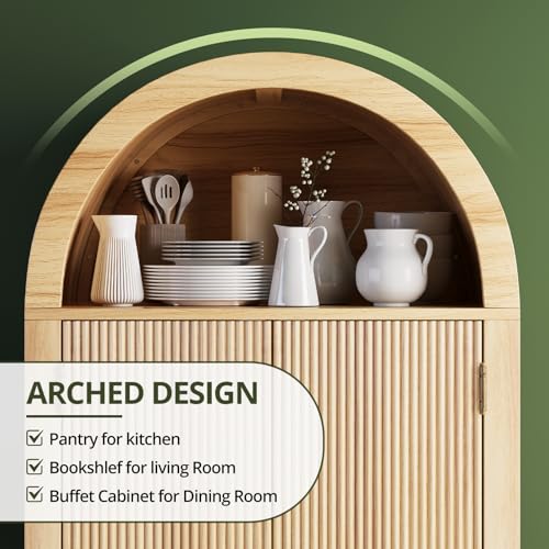 Image of FURSUN 71 inch Tall Fluted Arched Cabinet Set of 2, Wood Pantry Storage Cabinet with 2 Large Drawers, Modern Versatile Bookcase for Living Room, Kitchen, Dining, Natural Oak