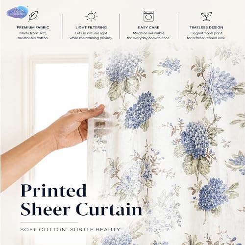 Image of Clasiko Block Print Sheer Window Curtains 40% Light Filtering Linen Textured Curtains with Eyelets | Set of 2 | 54x60 Inches / 5 Feet | Twilight Bloom
