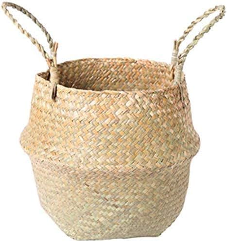 Miniatura 8 de Cesta para el vientre de hierba marina, tejido natural, para picnic y comestibles. Cesta de almacenamiento plegable con asas para plantas,