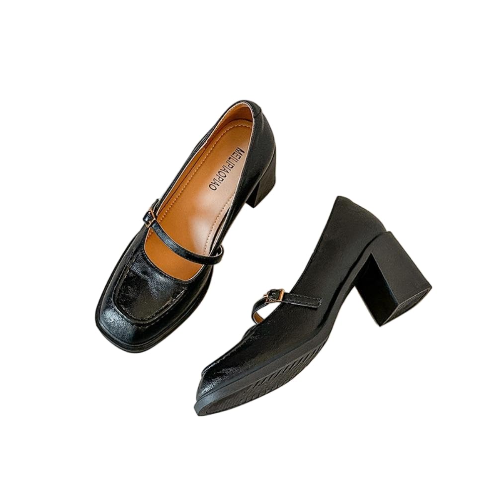 LVJMJ Mary Jane - Scarpe da donna in pelle con tacco grosso e punta quadrata, stile retrò, da ufficio, lavoro, comode, traspiranti, tacco basso da 4,5 cm