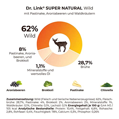 Dr. Link® SUPER Natural 10x125g Premium-Nassfutter für Hunde: Wild mit Pastinake, Aroniabeeren und Waldkräutern | getreidefrei | Superfoods