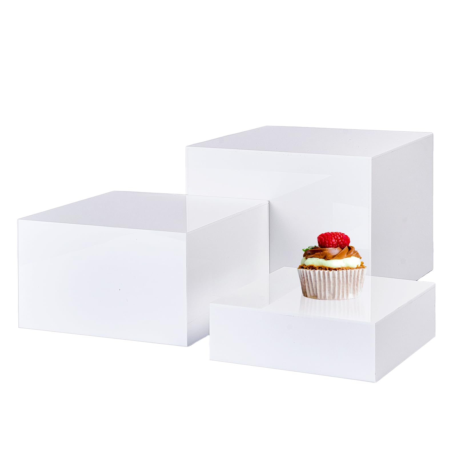 Photo 1 of Buffet Risers, Food Risers for Buffet Table, Acrylic Buffet Risers for Food Catering Cake Dessert Collectibles Jewelry Figures Party Show 3PCS 6''x7''x8'' White Display Cubes