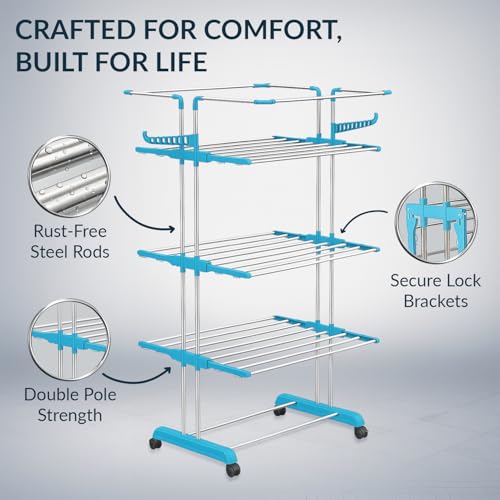 Image of H Houseware Foldable Cloth Drying Stand Stainless Steel 4 Tier Heavy-Duty Clothes Dryer for Balcony, Indoor & Outdoor Use | with Wheels & Hanger Slots | Rust-Proof Laundry Rack(Jumbo)