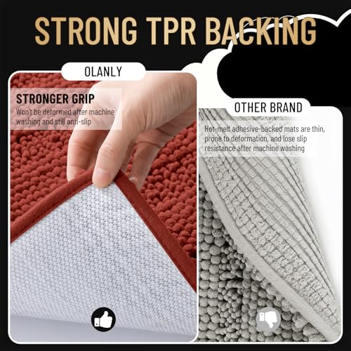 Image of OLANLY Thick Small Bathroom Rugs 24x16, Extra Absorbent Chenille Striped Bath Rugs, Rubber Backing, Machine Wash, Bath Mats for Bathroom, Tub and Shower, Home Decor Accessories, Rustic Terracotta