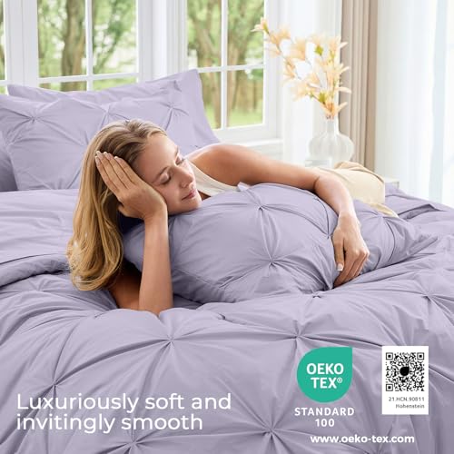 Image of Sasttie Queen Comforter Set, 7-Piece Bed in a Bag, Pintuck Bedding Sets for All Season, Includes Comforter, Flat Sheet, Fitted Sheet, Pillowcases and Pillowshams, Lavender