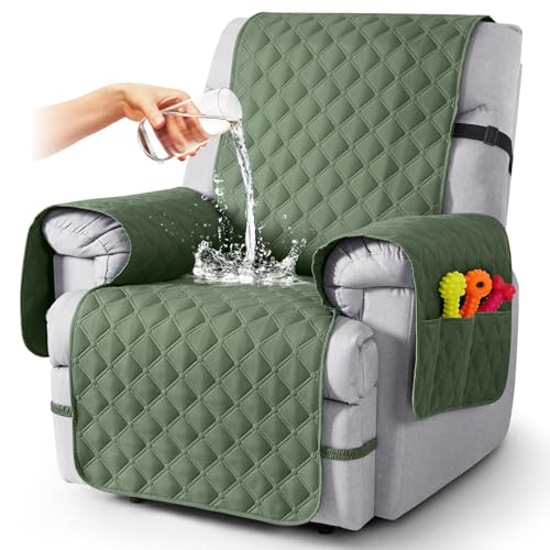 Image of TAOCOCO 100% Waterproof Recliner Covers, Recliner Sofa Covers with Leg Straps, Reversible Recliner Couch Cover for Reclining Chair, Washable Couch Protector for Pets Kids(1 Seater 22 inch, Moss Green)