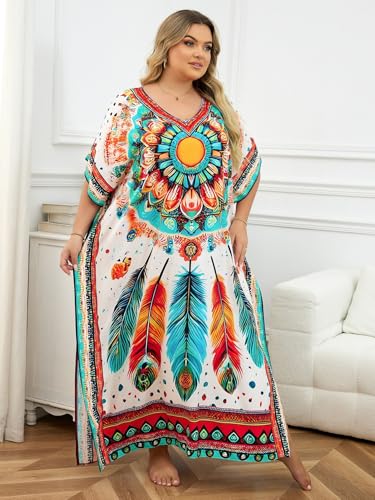 Image of KECVOT Kaftan Dresses for Women V-Neck Print Swimsuit Cover Up Plus Size Beach Caftan Lounge Dress