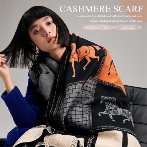Winter Scarf Cashmere Shawl Color Blocked Plaid Retro Horse Pattern Reversible Scarf With Tassel Pashmina Stole Wrap2