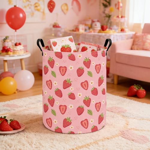 Image of Round Laundry Basket Collapsible Storage Hamper Flower Strawberry | Waterproof Canvas Foldable Baskets with sturdy Handles Multi-scene Organizer for Home Play Bedroom Gift Bin