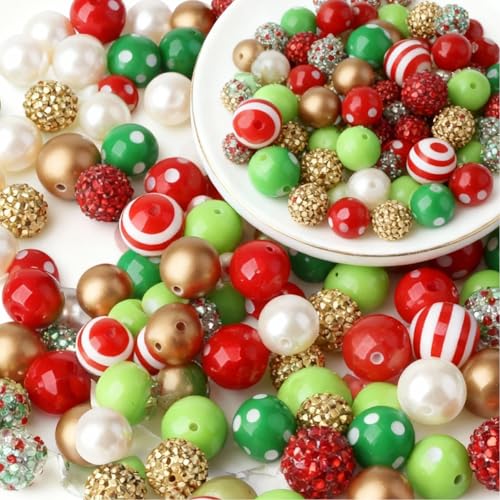 20mm Acrylic Christmas Bubblegum Beads Bulk in 12 Styles 50Pcs Acrylic Plastic Spacer Gumball Loose Bead Xmas Chunky Beads for DIY Crafts (Red and White Green 03)