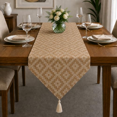 Image of STITCHNEST 'Nomad Weave Collection' Jacquard Table Runner 13x72 Inches| Tassel Finish | Modern Dining Table Decor