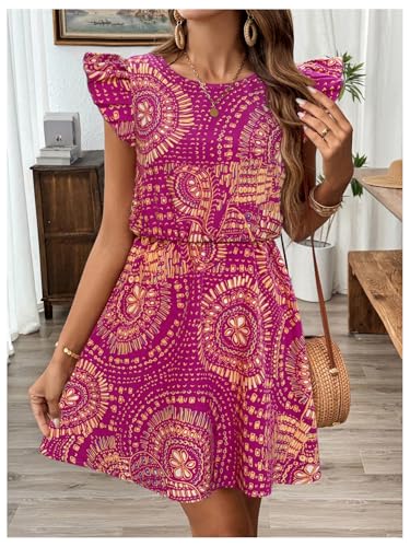 Image of SOLY HUX Women's Boho Print Tie Back Mini Dress Ruffle Cap Sleeve Crew Neck Vacation Dresses