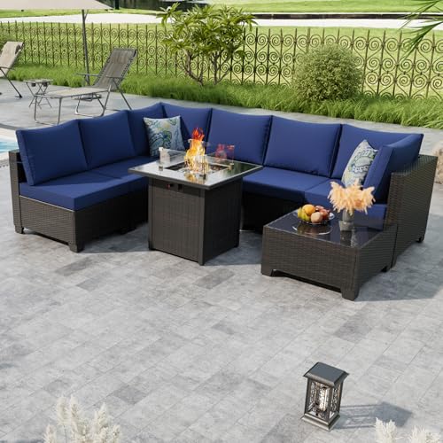 Peacabo Patio Furniture Set with Fire Pit Table 28', 8-Piece Outdoor Furniture Conversation Set with Cushions, Wicker Sectional Sofa for Porch Garden Backyard, Brown/Blue