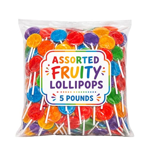Assorted Lollipops Fruit Candy - Box of 5 lb Assorted Colors Bulk Box of Yummy Fruity Assorted Lolli pop Bulk Individually Wrapped