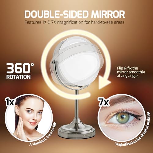 Image of OVENTE 7'' Lighted Magnifying Makeup Mirror, Nickel Brushed MCT70BR1X7X