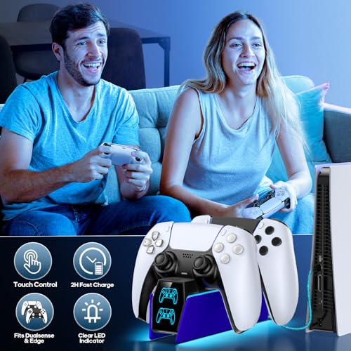 Image of Controller Charger Station Compatible with Play 5 Faceplates Edge & Dual Controller, 9 Lightings P 5 Accessories Charging Station, P 5 Dock Stand with LED Indicator & On-Off Switch, Cobalt Blue for PlayStation Consoles