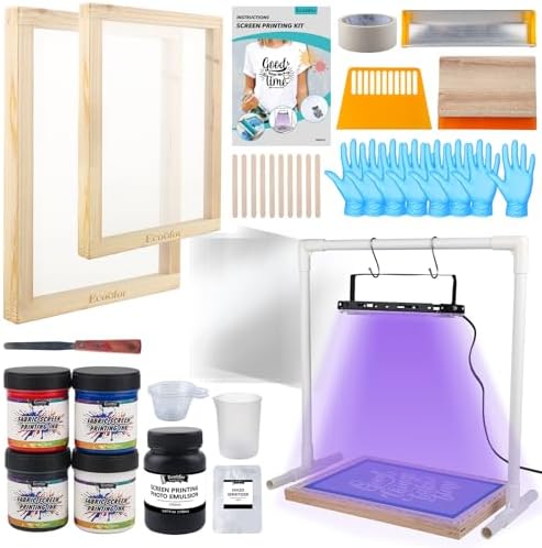 Ecoofor 47PCS All-in-One Screen Printing Kit with 50W UV Exposure Lamp, 2 Sizes Wood Screen Printing Frames, 4 Screen Printing Ink Colors, 10 A4 Transparency Films & Tools