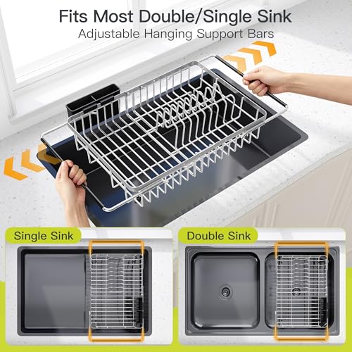 Image of JASIWAY Expandable Dish Drying Rack Over the Sink with Utensil Holder
