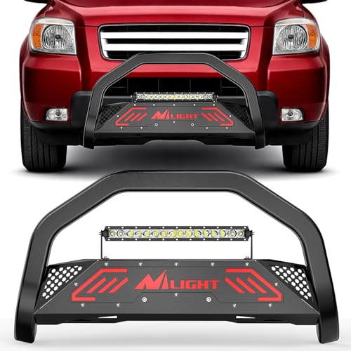 Image of Nilight Bull Bar with Light fits 2003-2008 Honda Pilot, 2006-2015 Honda Ridgeline, 2001-2006 Acura MDX Front Bumper Grille Brush Push Guard with Skid Plate Licence Plate Hole Black