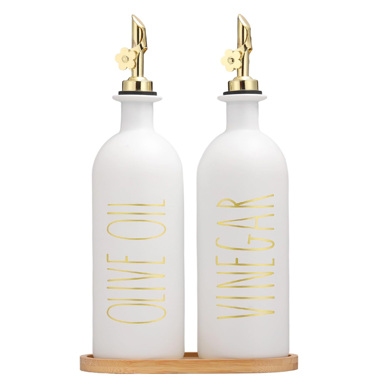 HOMCDALY Botellas dispensadoras de aceite de oliva de 16 onzas para cocina, juego dispensador de aceite y vinagre dorado, dispensador de aceite de vidrio para cocina con bandeja de bambú, juego de 2
