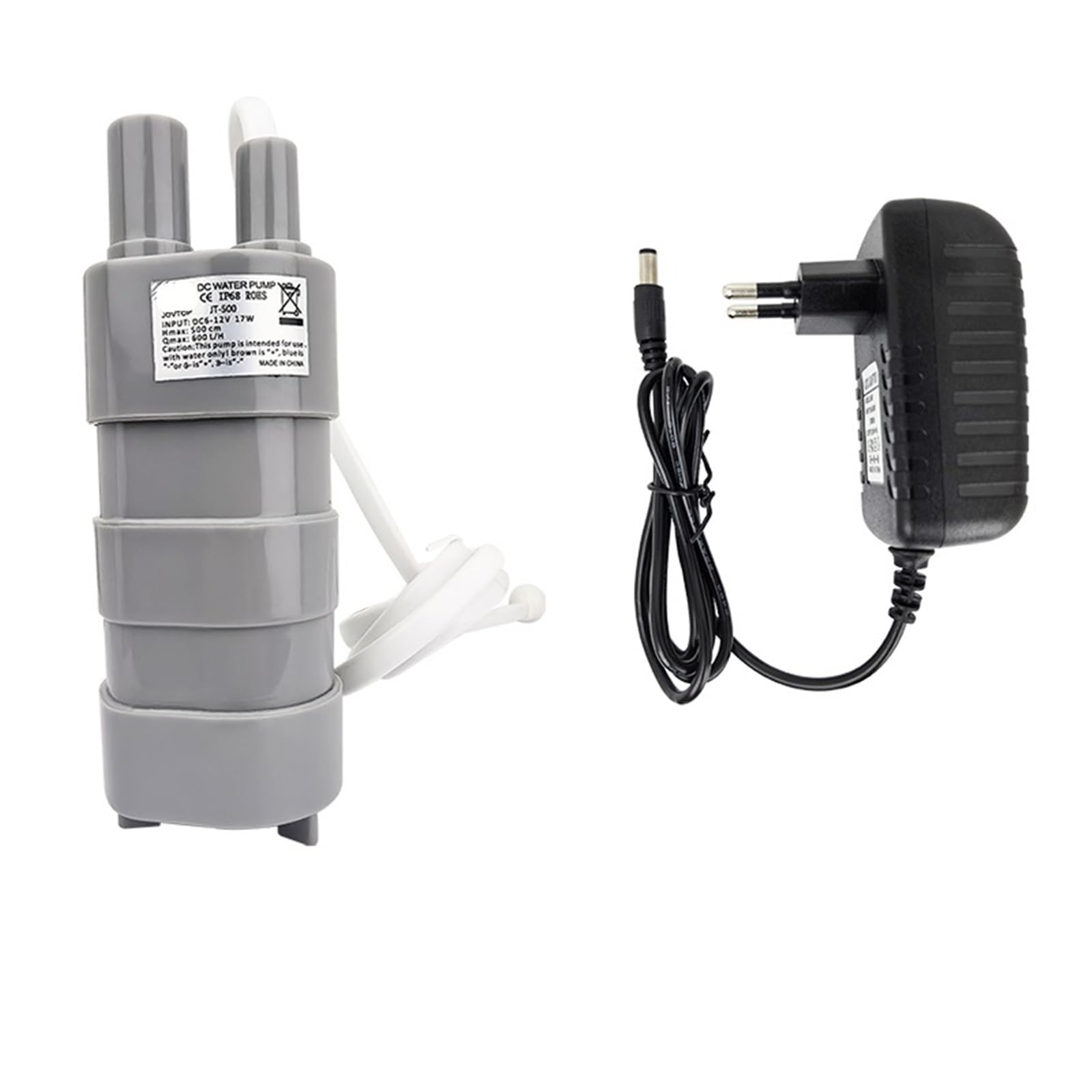Pompa zanurzeniowa 12 V na prąd stały, 600 l/h, maszyna do prysznica, do cięcia wody, przenośna pompa wodna do basenów rybnych (szara i adapter)