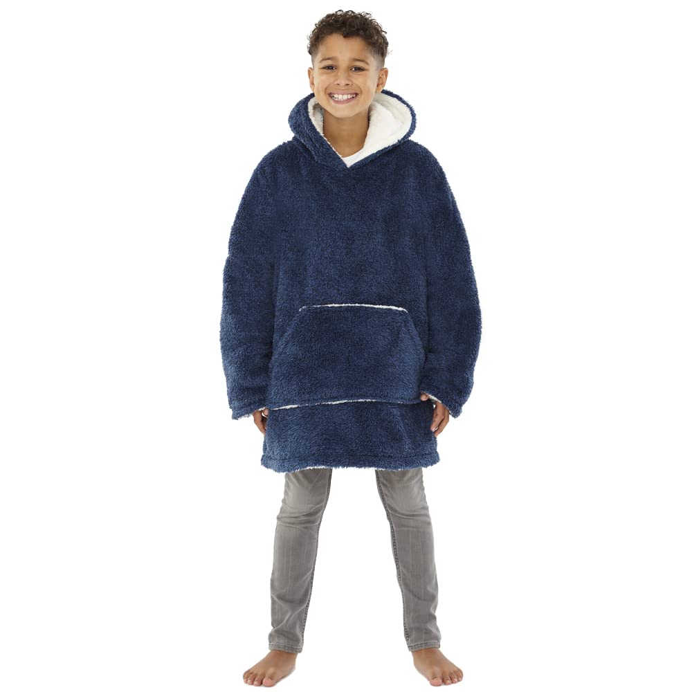Just Essentials Kids Boys Girls Womens Soft Fleece Hoodie Wearable Blanket Oversized Sweatshirt - Kids Fluffy Navy - One Size