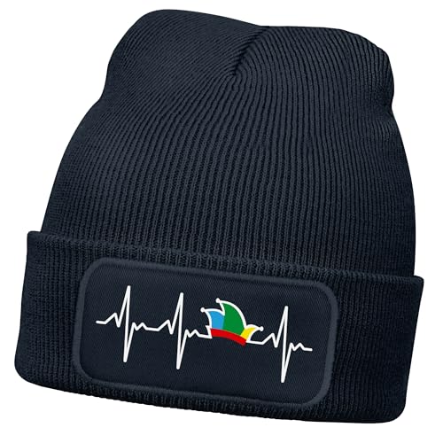 MoonWorks Herren Beanie Patch Strickmütze Aufdruck Herzschlag Narrenkappe Fasching Karneval Lustig Mütze Männer Dunkelblau Unisize