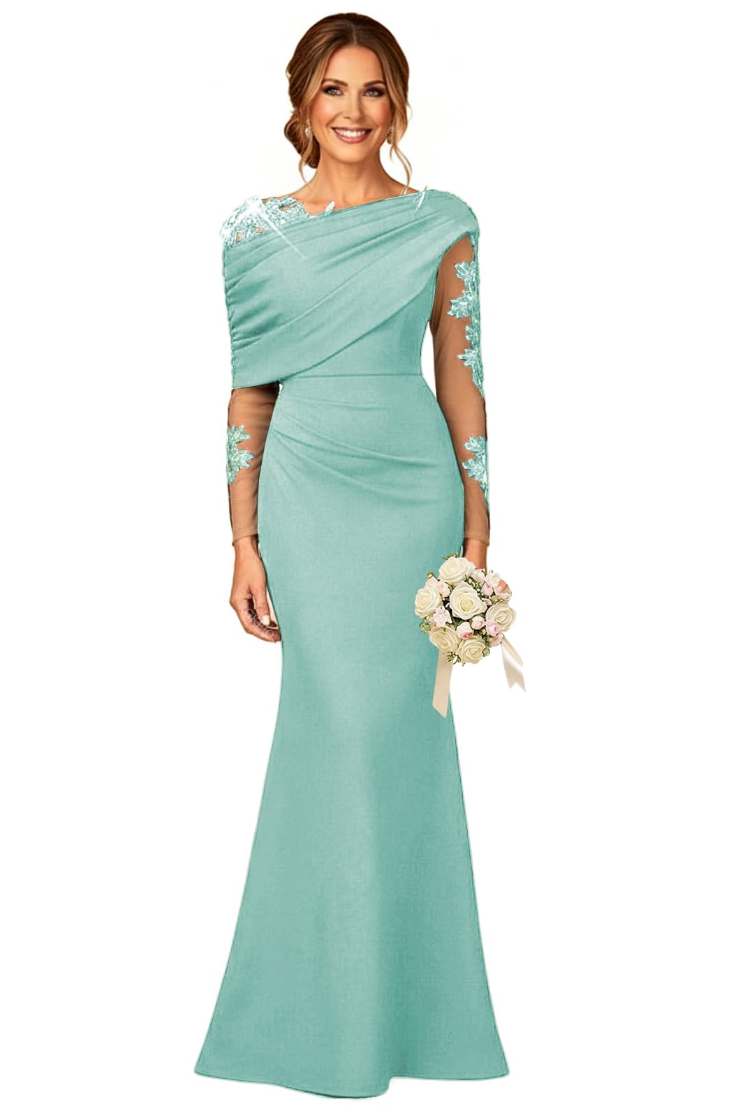 Lace Applique Mother of The Bride Dresses Long Sleeve Mermaid Formal Evening Gowns Ruched Wedding Guest Dress