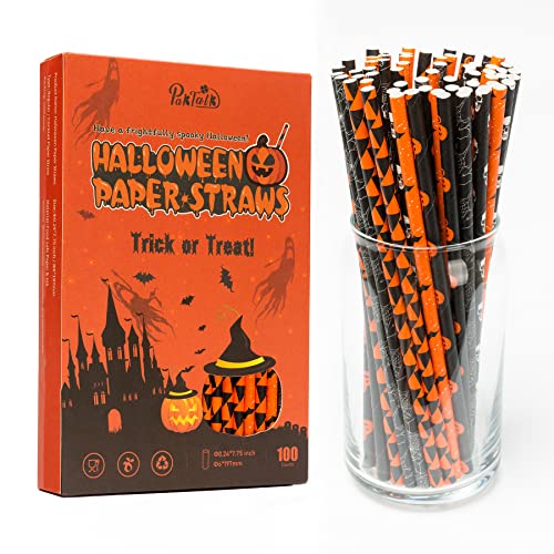 PakTalk Halloween Straws 6 Mixed Style Orange Black and White Halloween Paper Straws Biodegradable Pumpkin Bat Spider Skull Drinking Straws for Halloween Party Supplies (0.24 x 7.75 100 Packs)