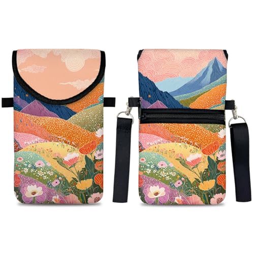 Image of Neoprene Cell Phone Sleeve Pouch Case Bag with Crossbody Strap Neck Lanyard for Women 7.5 X 4.3 in Colorful Mountains