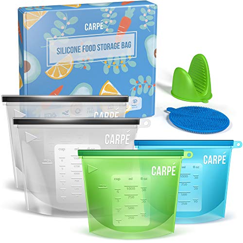 Carpe Reusable Silicone Food Storage Bag (4) + Silicone Mitten + Scrubber Sponge | Eco-friendly Reusable Ziplock Bags for Sandwich, Sous Vide, Snack, Lunch| Freezer, Dishwasher Safe