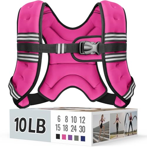 Zeerun Weighted Vest 6lb/8lb/10lb/12lb/15lb/18lb/20lb/24lb/30lb for Men Women Reflective Stripe Adjustable Buckle Comfortable Durable Rucking Vest for Walking Running Strength Training 10LBS-Pink