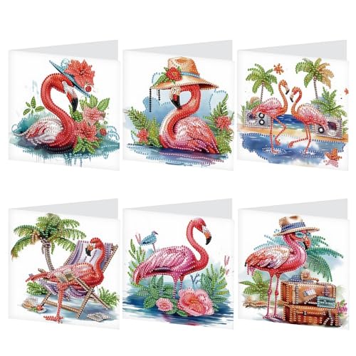 Image of AiYuanzsh 6 Pack Diamond Painting Greeting Card Kits Flamingo Summer Designs, DIY 5D Diamond Art Greeting Cards with Envelopes for Birthday, Thanksgiving, Holiday Wishes and Handmade Gifts