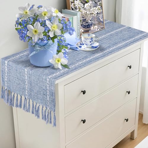Dusty Blue Table Runner Short 15.7 x 36 inch, Blue and White Coffee Table Cover, Boho Summer Coastal Small Table Cloth, Dresser Runner Scarf for Nightstand, End Table, Rustic Farmhouse Spring Decor - Image 5