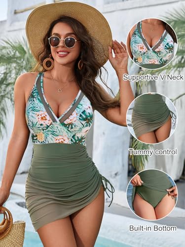 Image of Blooming Jelly Women One Piece Swim Dress Tummy Control Swimsuits Slimming Mesh Sheer Sarong Wraps Bathing Suit